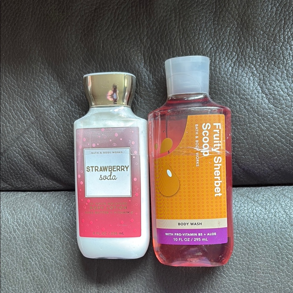 Bath & Body Works fruity sherbet scoop body wash and strawberry soda body lotion